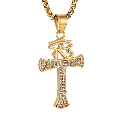 HZMAN CZ Eye of Horus Egypt Protection Pendant Coptic Ankh Cross Religious Stainless Steel Necklace - color: Gold-New
