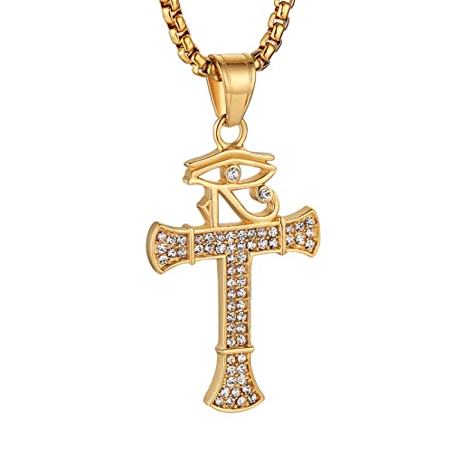 HZMAN CZ Eye of Horus Egypt Protection Pendant Coptic Ankh Cross Religious Stainless Steel Necklace - color: Gold-New