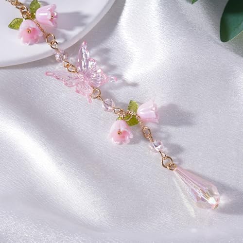 Butterfly Crystal Car Charm Lily Flower Beaded Mirror Hanging | Pink Lily Of The Valley Flower Beaded Pendant. Elegant Hanging Car Interior Decor Ornament. Crystal Butterfly Mirror Charm. - style: Butterfly