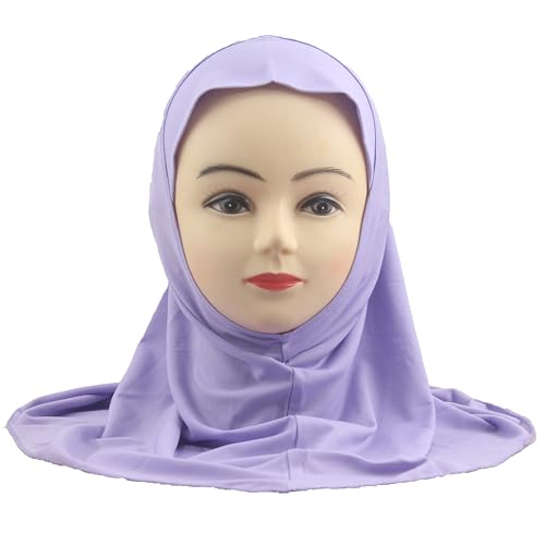 Girls Hijab Muslim Scarf for Kids – Ready to Wear, Solid Color, Soft & Breathable Daily Headwear for Ages 6-11 - color: Lavander