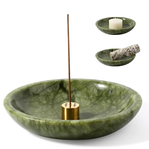 Koville Natural Marble Incense Holder, Incense Holder for Sticks with 9 Holes, Handmade Incense Burner Ash Catcher for Meditation Yoga SPA, Balsam Fir/Palo Santo/Sage/Cone (Green) - color: D=150-green