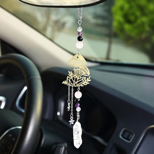 Car Rear View Mirror Witchy Accessories Hanging Car Ornament,Mushroom Rearview Decor Charm Handmade Clear Quartz&White Jade Beaded Crystal,Cute Swinging Interior for Women Men - color: Mushroom