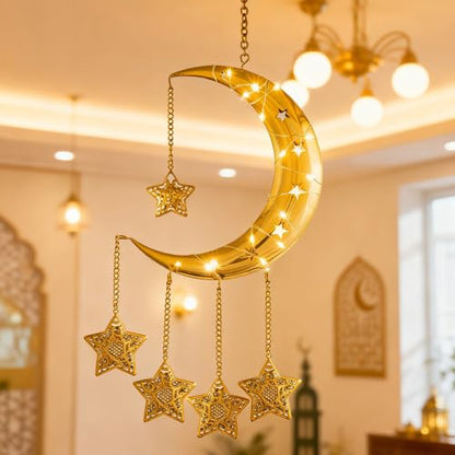 Ramadan Lights Home Decorations, Gold Metal Crescent Moon Hanging Star Lights, Battery Powered Wall Celestial Lamp, Eid Mubarak Bedroom Childrens' Room Window Door Decor, Islamic Muslim Gifts