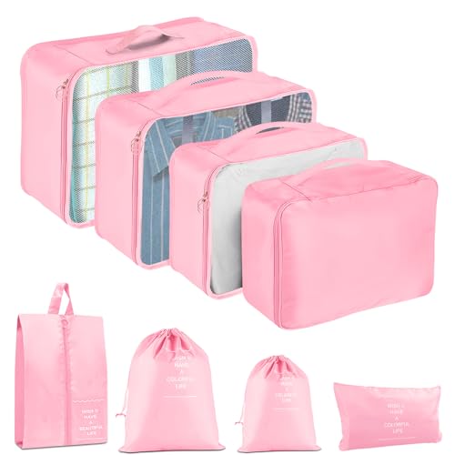 Packing Cubes for Travel- 8 Set Luggage Organizer Bags for Family, Mesh Breathable Travel Packing Cubes for Suitcases Durable Travel Essentials Bags Set (Pink, 8 Set) - color: Pink, size: 8 Set