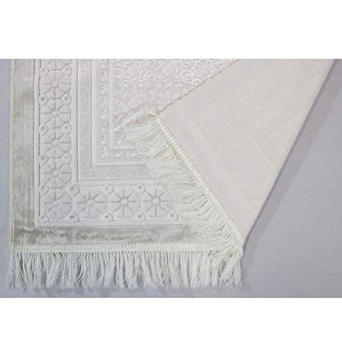 Modefa Velvet Prayer Rug - Soft Plush Turkish Janamaz Sajada Carpet for Men and Women - Plain Solid Prayer Mat Ramadan Eid Gift - with Prayer Beads - Luxury Floral Stamp (White) - color: White