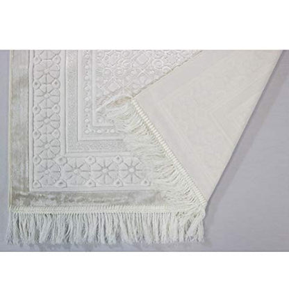 Modefa Velvet Prayer Rug - Soft Plush Turkish Janamaz Sajada Carpet for Men and Women - Plain Solid Prayer Mat Ramadan Eid Gift - with Prayer Beads - Luxury Floral Stamp (White) - color: White