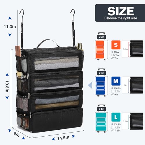 ToMiss Hanging Suitcase Organizer, Travel Essentials Carry-on Collapsible Packing Cubes for Travel, Stow-N-Go Portable Hanging Closet Organizer Shelves Luggage Bag, Medium, Black