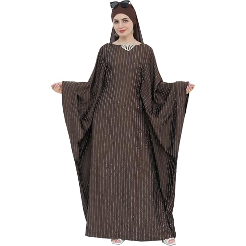 Muslim Abaya Dress 1Piece Bat Sleeve Kaftan Robe Women Islamic Maxi Dress Rhinestone Jilbab Eid Shiny Abaya(No scarf) - color: Brown I