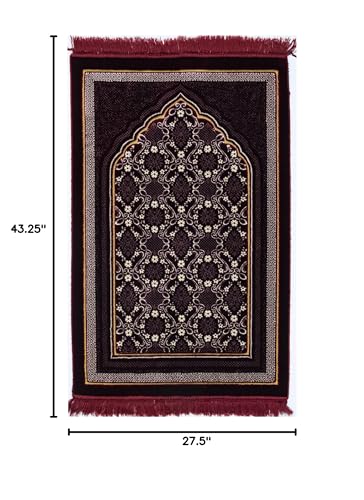 Modefa Turkish Islamic Prayer Rug - Soft Velvet Janamaz Praying Carpet - Comfortable Muslim Praying Mat for Men & Women - Ramadan or Eid Gift - Classic Elegant Swirl (Floral Red)