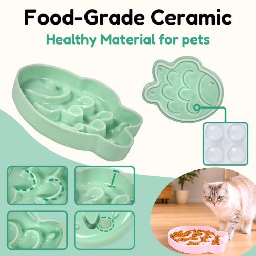 2Pcs Ceramic Cat Slow Feeder Bowl, Fish Shape 6.3" W Wide Shallow Cat Plate, Whisker Friendly Slow Feed Bowl for Wet Meals, Dry Kibble, Canned Meals & Treats, Dishwasher Safe, (Green + Blue) - color: Green + Blue