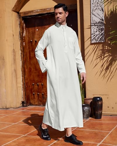 YAOHUOLE Men Islamic Caftan Thobe Big and Tall Kaftan with Pocket Mens Arab Thobe Men Kaftan Thobe - color: White, size: 3X-Large