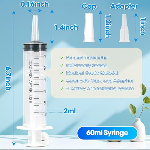 60ml Syringe for Liquid,5 Pack Large Plastic Syringes with Adapters and Cap,Individually Sealed Syringe for Feeding,Irrigation Water and Scientific Labs - size: 60ML