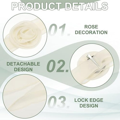 Chiffon Scarf for Women, Long Skinny Chiffon Neckerchief with Detachable Rose Flower Light Soft for Hair Ribbon - color: Beige