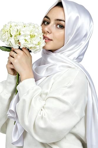 Lina & Lily Luxury Satin Hijab Head Scarf Shawl Wrap for Muslim Women Extra Long - color: White