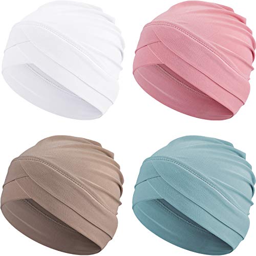 Geyoga 4 Pcs Women Turban Caps Chemo Headwear Cancer Patient Head Covering Soft Pleated Stretchy Head Wrap Sleep Hat - color: Mint Green, Khaki, White, Light Pink