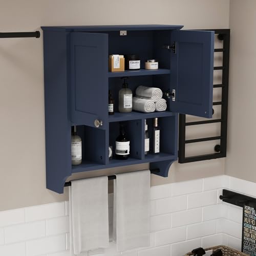 Bathroom Wall Cabinet, Wall Mounted with Towel Bar & 6 Shelves - Over Toilet Storage Organizer, 2-Door Medicine Cabinet, Adjustable Bathroom Shelves(Blue) - color: Blue