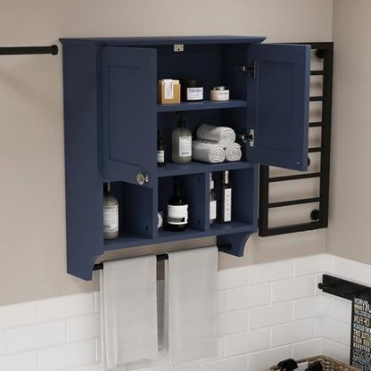 Bathroom Wall Cabinet, Wall Mounted with Towel Bar & 6 Shelves - Over Toilet Storage Organizer, 2-Door Medicine Cabinet, Adjustable Bathroom Shelves(Blue) - color: Blue