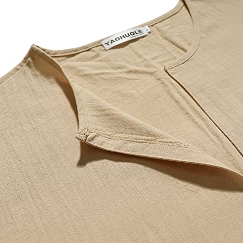 YAOHUOLE Men's Short Sleeve Kaftan Thobe Side Split Caftan with Pockets Long Gown Thobe - color: Khaki, size: Medium
