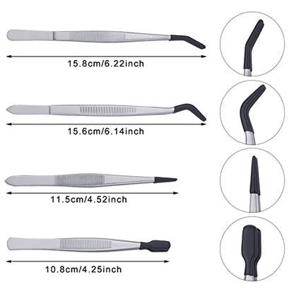 DragonflyDreams 4 Pieces Tweezers with Rubber PVC Coated Set | Straight Tip Tweezers Rubber Flat Tip Long Bent Tweezer for Crafts Stamps Beads Jewelry Tools