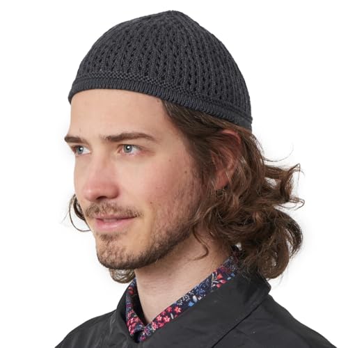 100% Cotton Skull Caps for Men, Knit Kufi Hat for Muslim Prayer, Women's Mesh Crochet Beanie, Ideal Head Wear During Summer - color: Gray