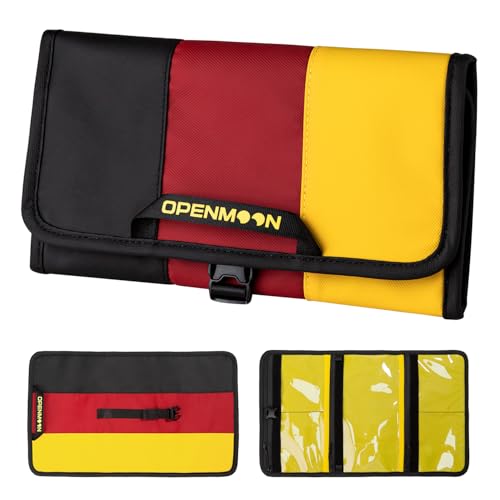 OPENMOON Multi-Purpose Storage Bag, Tri-Fold Design, 5 Compartments, Splash-Proof, for Cables, Toiletries, Makeup (Black+Red+Yellow) - color: Black+Red+Yellow)