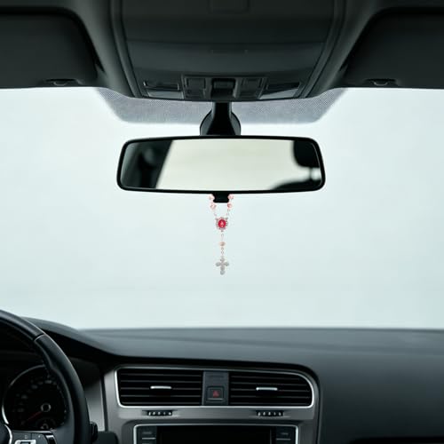 8mm Murano Rose Beads Catholic Virgin Mary Car Rosary for Rearview Mirror with Gift Box - color: White & Pink