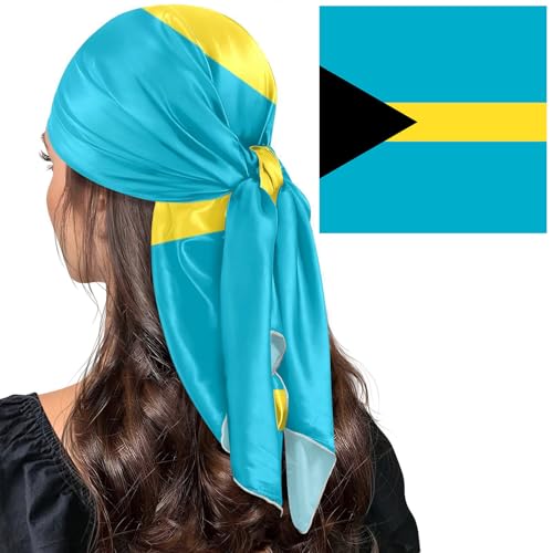 Bandana Square Head Scarf for Women Satin Hair Wrap Fashion Headband 27" - color: Flag of the Bahamas