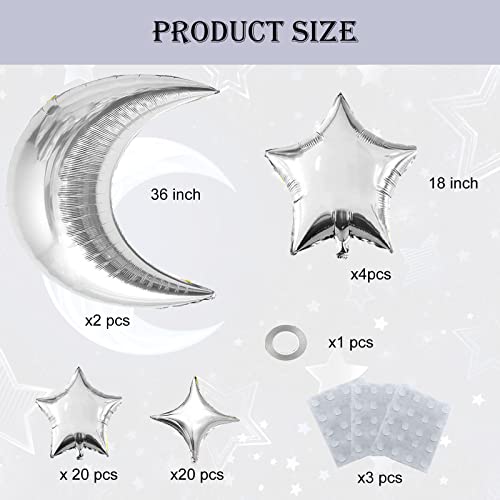 50pcs Silver Moon and Star Balloons,36"Moon Foil Balloons 18"10" Star Foil Balloons Four Pointed Star Balloon Mylar Balloon for Baby Shower Christmas Wedding Birthday Party - color: Silver Moon Star
