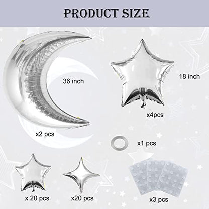 50pcs Silver Moon and Star Balloons,36"Moon Foil Balloons 18"10" Star Foil Balloons Four Pointed Star Balloon Mylar Balloon for Baby Shower Christmas Wedding Birthday Party - color: Silver Moon Star