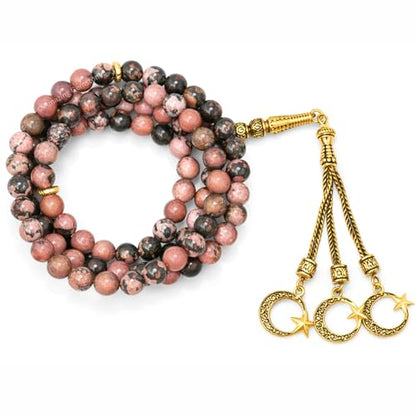Amazing Gemstone Crystal Tasbeeh with Moon and Star Charm - Certified Crystal Muslim Prayer Beads Natural Gemstone Tasbih Gift for Ramadan Dhikr and Daily Namaz (G) - color: Rhodonite