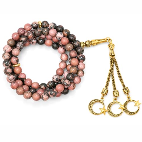 Amazing Gemstone Crystal Tasbeeh with Moon and Star Charm - Certified Crystal Muslim Prayer Beads Natural Gemstone Tasbih Gift for Ramadan Dhikr and Daily Namaz (G) - color: Rhodonite