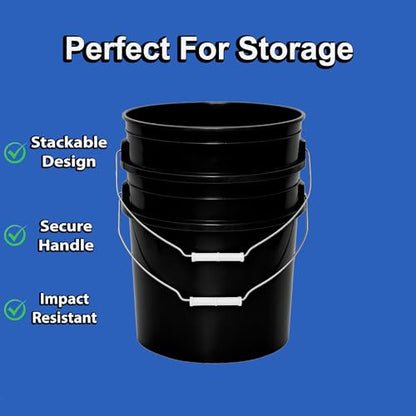 5-Gallon Bucket with Airtight Lid – Made in USA, Food Grade BPA Free Plastic, Heavy Duty Multi-Use, Metal Handle with Grip, Stackable Storage – Black, 6 Pack - color: 5 Gallon - Black, size: 6