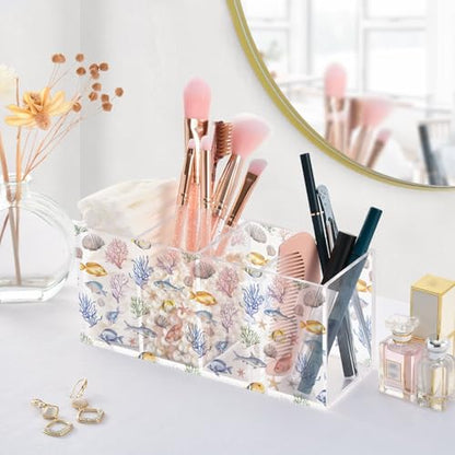 Aquarium Fish Acrylic Pen Holder 4 Compartments Pencil Organizer and Storage Makeup Brush Holder for Home Bedroom School Office Storage