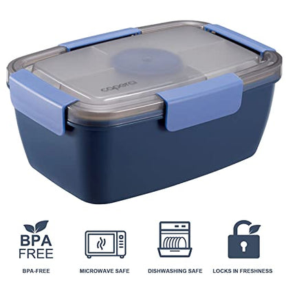 Caperci Large Salad Container Bowl for Lunch - Better Adult Bento Lunch Box 68 oz, 5-Compartment Tray, 2pcs 3-oz Sauce Cups, Stackable, BPA-Free (Navy) - color: Navy