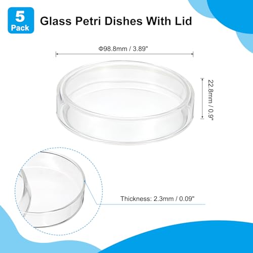PATIKIL 90mm High Borosilicate Glass Petri Dishes with Lids, 5 Pcs Petri Plates for Lab Science Experiment, Clear - size: 90mm
