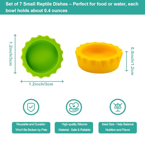 7 Pack Crested Gecko Food and Water Bowl, Eudimysx Reusable Small Reptile Feeding Dish, Gecko Tank Accessories for Hermit Crab, Tarantula, Isopods, Snails and Lizard, Silicone Easy Clean & 7 Colors - color: 7Pack