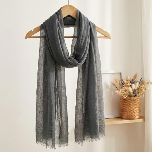 Nydotd Women Summer Cotton Linen Scarf Crinkle Long Beach Shawl Wrap hijab with Fringe - color: Dark Grey