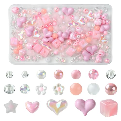 LiQunSweet 160 Pcs Mixed Shaped Pink Theme Acrylic Loose Beads Heart Bowknot Flower Cube Round Star Plastic Beads for DIY Jewelry Craft Accessory - color: Pink Theme Acrylic Beads_160 Pcs