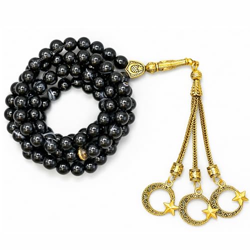 Amazing Gemstone Crystal Tasbeeh with Moon and Star Charm - Certified Crystal Muslim Prayer Beads Natural Gemstone Tasbih Gift for Ramadan Dhikr and Daily Namaz (G) - color: Black Banded Agate