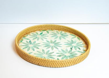 Magenta & Teal Round Rattan Serving Tray with Mother of Pearl Inlay, Wicker Coffee Table Decor, Farmhouse Style (Green Flower) - color: Green Flower
