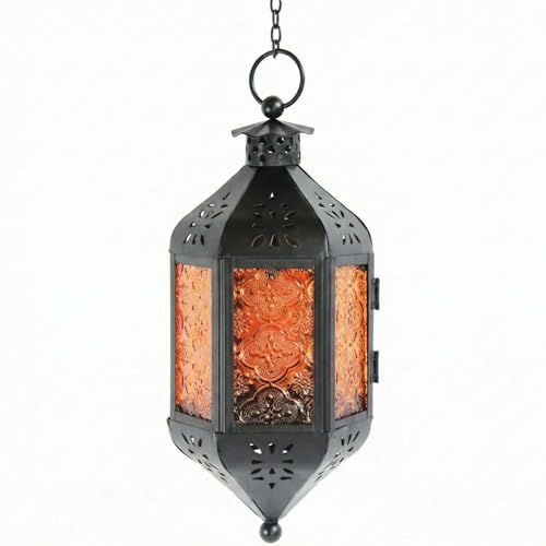 Vela Lanterns Hanging Moroccan Lamp - Exotic Decorative Patio & Porch Decor, Indoor Outdoor Tea Light Candle Lantern Holder with Chain (11" Medium, Amber/Orange Glass) - color: Amber, size: Medium