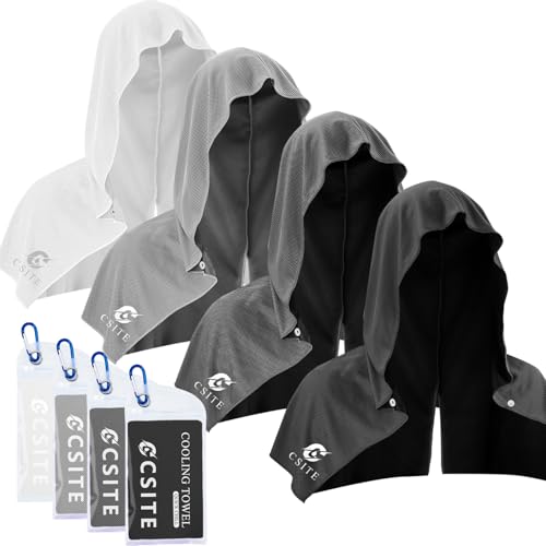 CSITE 4 Pack Cooling Hoodie Towels for Neck and Face, UPF 50 Sun Protection & Instant Cooling, Ice Towels for Hot Weather, Soft Breathable Towel for Sport, Work Out, Gym, Camping & More Activities - color: Black/White/Dark Gray/Gray