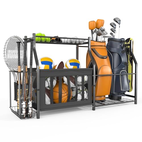 WALMANN Garage Sports Equipment Organizer, Ball Storage Stand, Indoor Golf Bags Stand for Garage