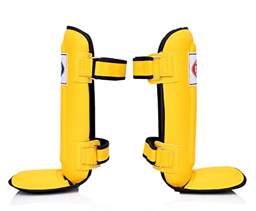 Fairtex SP3 Lightweight Shin Guards, Muay Thai MMA Avoid Shin Splints Gear | Featherweight synthetic shell with high-density padding. Articulated lower-leg armor enhances mobility and leg protection - color: Yellow, size: Small/Kids