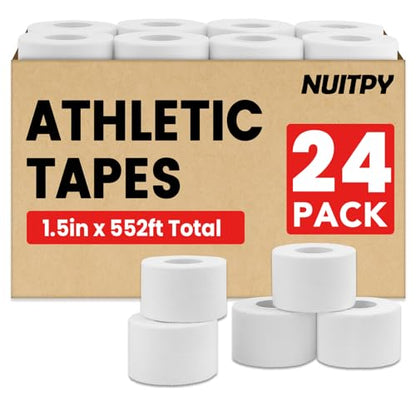 NUITPY 24 Pack Athletic Tape, White Sports Tape, Easy Tear Wrist Tape, Strong Adhesion Tapes for Boxing, Gymnastics, Hockey, Soccer, Lacrosse and First Aid(1.5in x 552ft Total) - color: White-24 Rolls