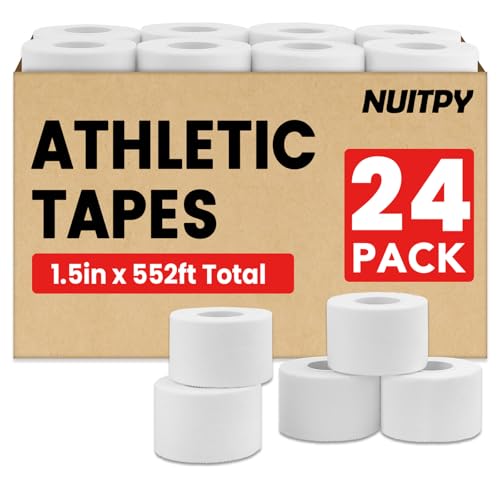 NUITPY 24 Pack Athletic Tape, White Sports Tape, Easy Tear Wrist Tape, Strong Adhesion Tapes for Boxing, Gymnastics, Hockey, Soccer, Lacrosse and First Aid(1.5in x 552ft Total) - color: White-24 Rolls