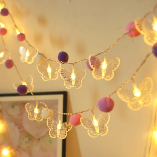ChiRee 9.85FT Butterfly String Lights with Purple Pom Poms - color: Purple-Butterfly