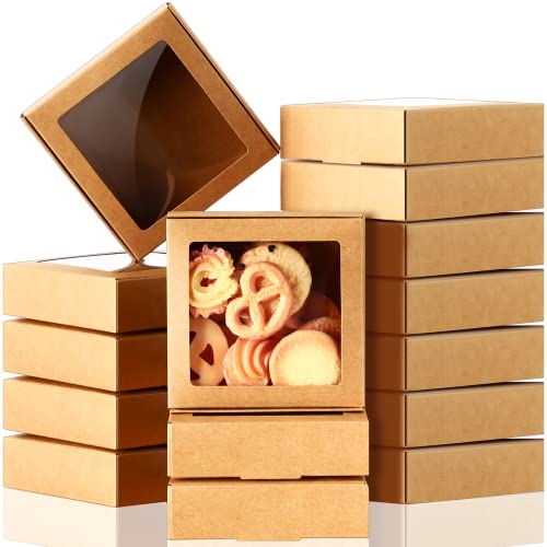 Zonon 30 Pcs Kraft Paper Boxes with Window 4.13 x 4.13 x 1.18 Inch Candy Packaging, Small Gift Boxes, Soap holder, Mini Treat Packaging for Bakery Chocolate Jewelry Display (Brown) - color: Brown