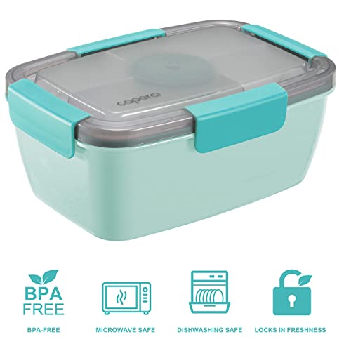 Caperci Large Salad Container Bowl for Lunch - Better Adult Bento Lunch Box 68 oz, 5-Compartment Tray, 2pcs 3-oz Sauce Cups, Stackable, BPA-Free (Aqua Sky) - color: Aqua Sky