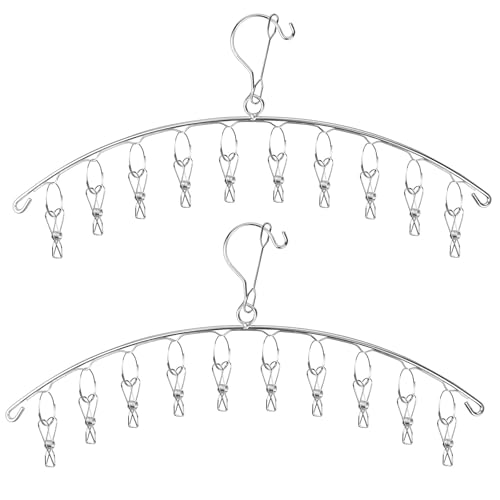 Clothes Drying Rack with 10 Clips, 2 Pack Laundry Drying Rack with Clothes-pegs, Stainless Steel Underwear Hangers for Drying Socks, Bras, Towel, Baby Clothes Hanger Windproof Hanging Clothes Pins - size: 2 Pack